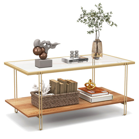 Mesa de centro rectangular de cristal de 2 niveles con estructura de acero blanca y dorada-Dorado