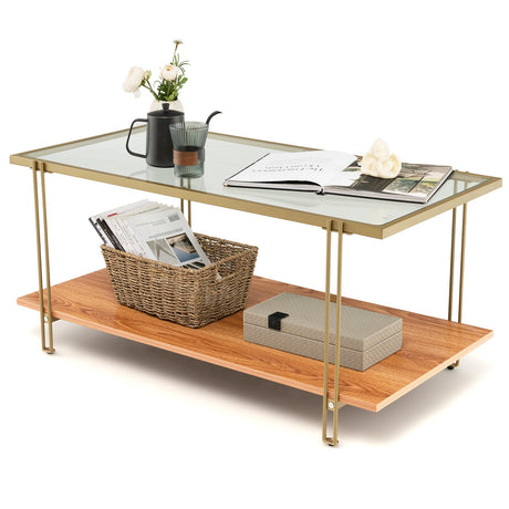 Mesa de centro rectangular de cristal de 2 niveles con estructura de acero blanca y dorada-Dorado