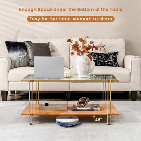 Mesa de centro rectangular de cristal de 2 niveles con estructura de acero blanca y dorada-Dorado
