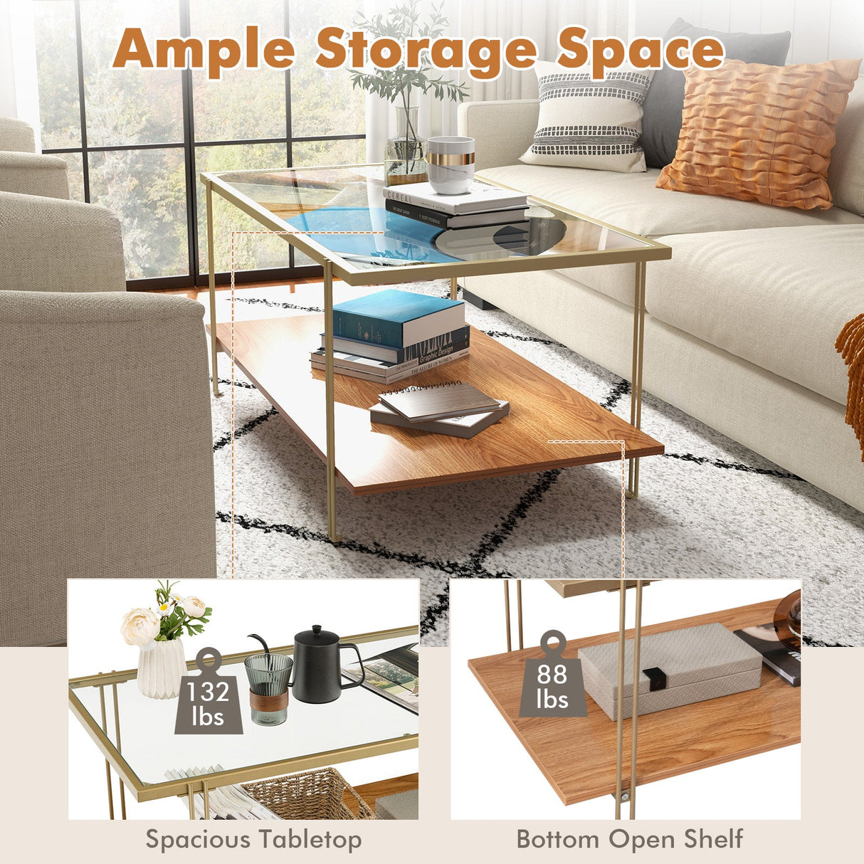 Mesa de centro rectangular de cristal de 2 niveles con estructura de acero blanca y dorada-Dorado
