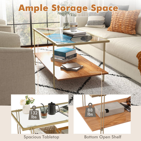 Mesa de centro rectangular de cristal de 2 niveles con estructura de acero blanca y dorada-Dorado