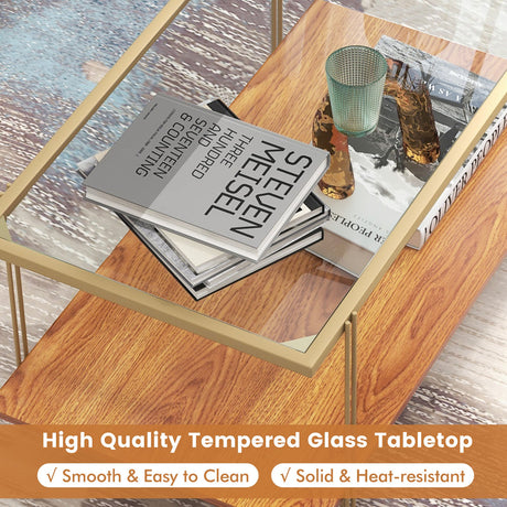 Mesa de centro rectangular de cristal de 2 niveles con estructura de acero blanca y dorada-Dorado