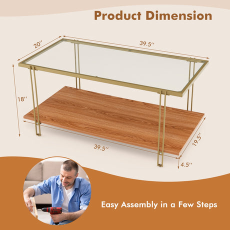 Mesa de centro rectangular de cristal de 2 niveles con estructura de acero blanca y dorada-Dorado