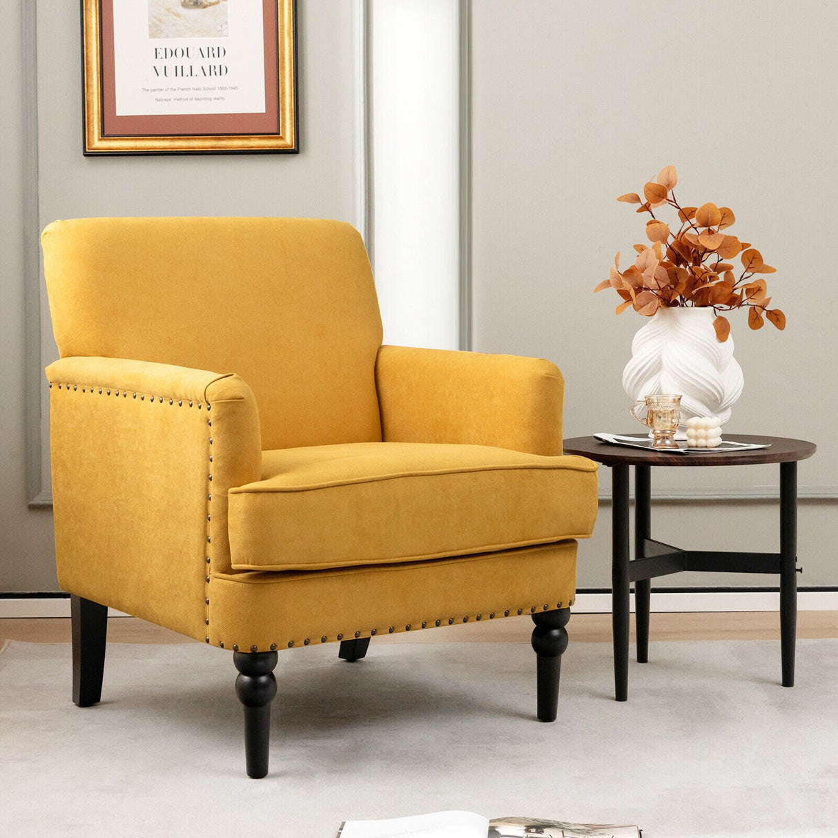 Sillón Moderno Tapizado Acolchado con Patas de Madera de Caucho
