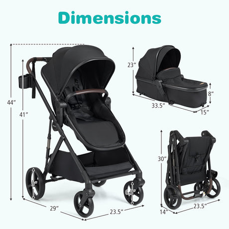 Cochecito de bebé 2 en 1 con modo capazo, vista alta, asiento reversible y capota