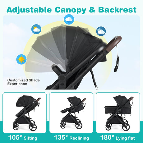 Cochecito de bebé 2 en 1 con modo capazo, vista alta, asiento reversible y capota