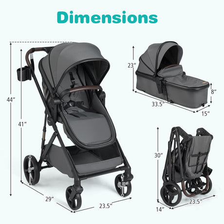 Cochecito de bebé 2 en 1 con modo capazo, vista alta, asiento reversible y capota