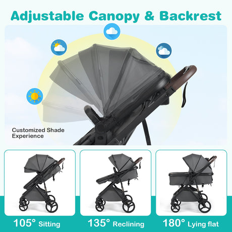 Cochecito de bebé 2 en 1 con modo capazo, vista alta, asiento reversible y capota