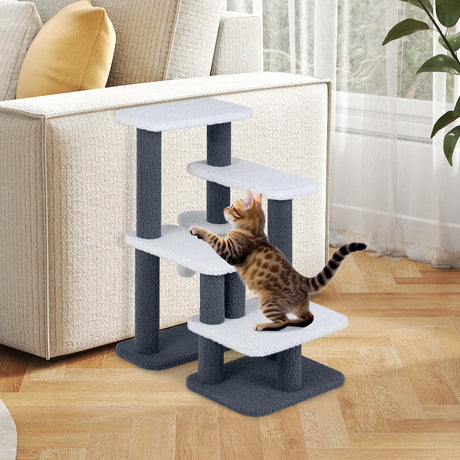 Torre/escalera 2 en 1 para gatos con postes rascadores y pelota de juguete colgante, color gris