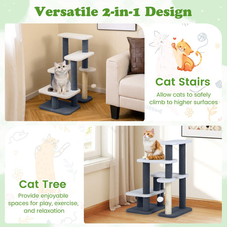 Torre/escalera 2 en 1 para gatos con postes rascadores y pelota de juguete colgante, color gris