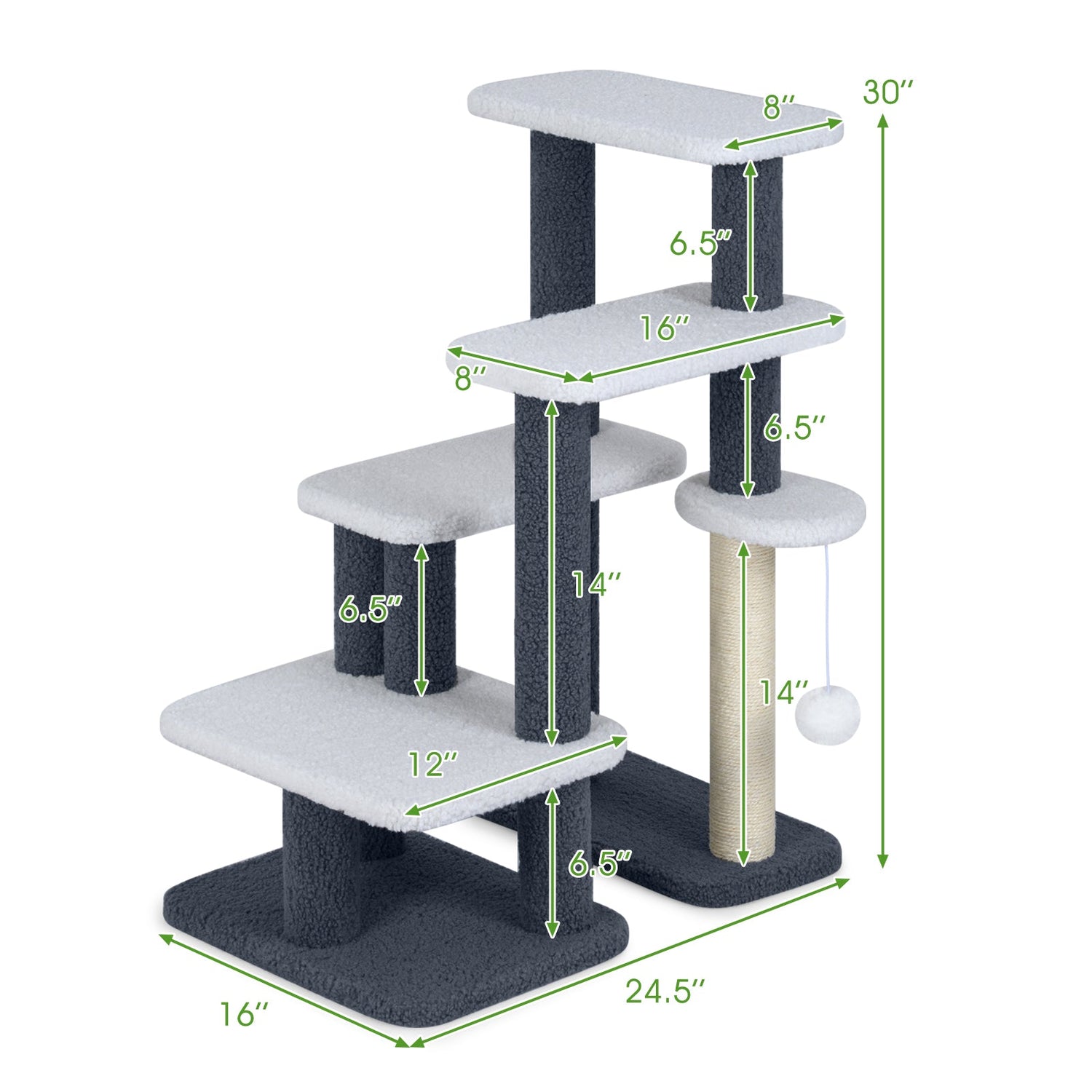 2-in-1 Cat Stairs Cat Tree Tower with Scratching Posts and Hanging Toy Ball-Gray