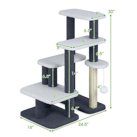 Torre/escalera 2 en 1 para gatos con postes rascadores y pelota de juguete colgante, color gris