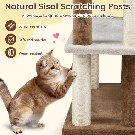 Torre de árbol para gatos 2 en 1, escalones para mascotas con postes rascadores de sisal y 4 plataformas grandes, marrón
