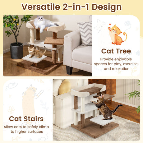 Torre de árbol para gatos 2 en 1, escalones para mascotas con postes rascadores de sisal y 4 plataformas grandes, marrón