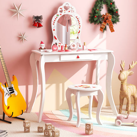 Set de tocador de maquillaje de juguete 2 en 1 para niños con espejo extraíble y cajón de almacenamiento - Blanco