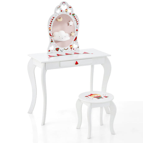 Set de tocador de maquillaje de juguete 2 en 1 para niños con espejo extraíble y cajón de almacenamiento - Blanco