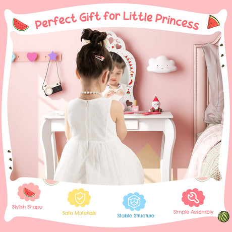 Set de tocador de maquillaje de juguete 2 en 1 para niños con espejo extraíble y cajón de almacenamiento - Blanco