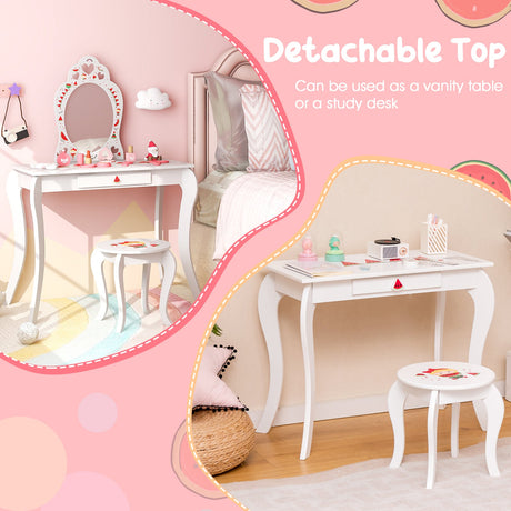 Set de tocador de maquillaje de juguete 2 en 1 para niños con espejo extraíble y cajón de almacenamiento - Blanco