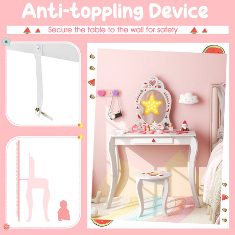 Set de tocador de maquillaje de juguete 2 en 1 para niños con espejo extraíble y cajón de almacenamiento - Blanco