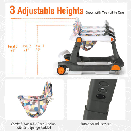 Andador de empuje de actividades 2 en 1 plegable con altura ajustable