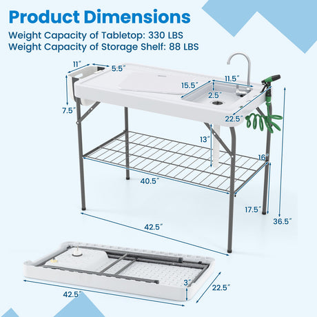 Mesa plegable 2 en 1 para limpiar pescado con fregadero y grifo para barbacoa en el patio