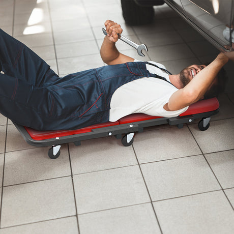 Mecate de Mecánico Plegable 2 en 1 de Perfil Bajo con Asiento Acolchado y 6 Ruedas - Rojo
