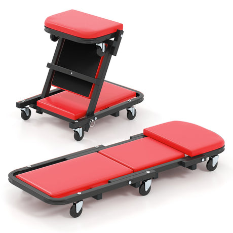 Mecate de Mecánico Plegable 2 en 1 de Perfil Bajo con Asiento Acolchado y 6 Ruedas - Rojo