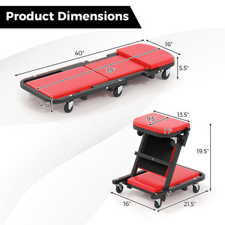 Mecate de Mecánico Plegable 2 en 1 de Perfil Bajo con Asiento Acolchado y 6 Ruedas - Rojo