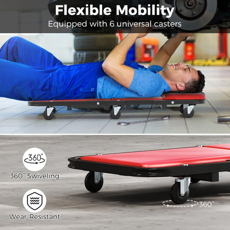 Mecate de Mecánico Plegable 2 en 1 de Perfil Bajo con Asiento Acolchado y 6 Ruedas - Rojo