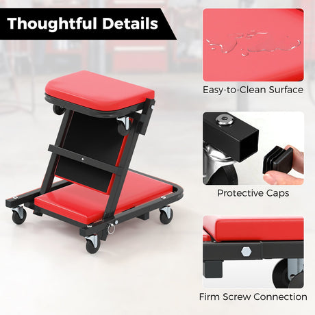 Mecate de Mecánico Plegable 2 en 1 de Perfil Bajo con Asiento Acolchado y 6 Ruedas - Rojo