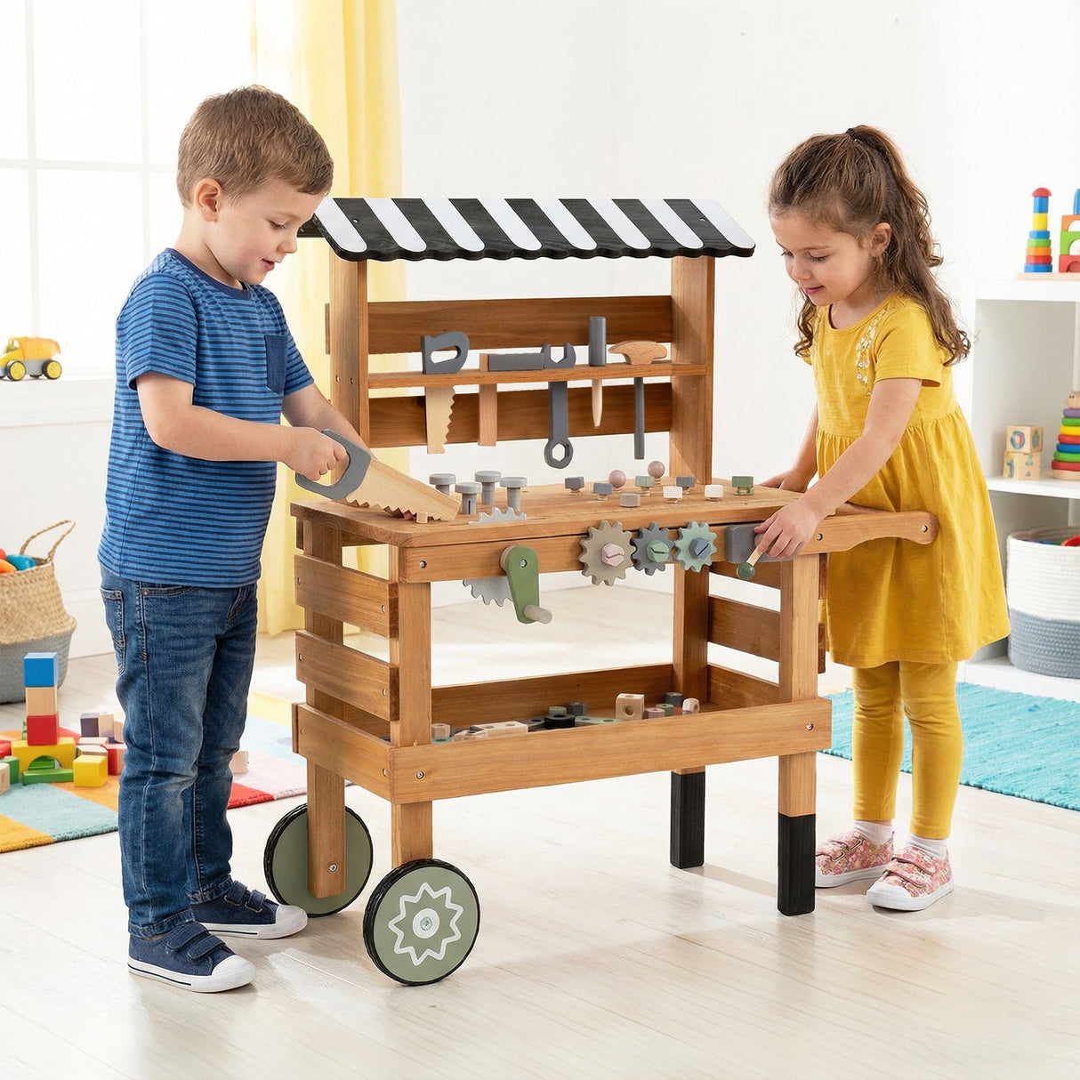 Carrito rodante 2 en 1 con juego de herramientas de juguete para niños para juegos de construcción-Marrón