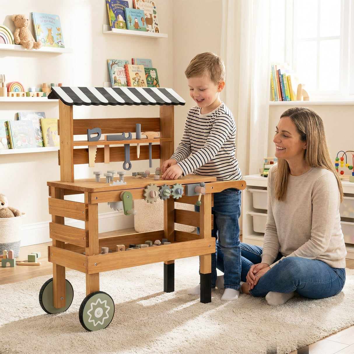 Carrito rodante 2 en 1 con juego de herramientas de juguete para niños para juegos de construcción-Marrón