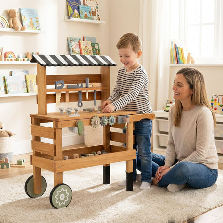 Carrito rodante 2 en 1 con juego de herramientas de juguete para niños para juegos de construcción-Marrón
