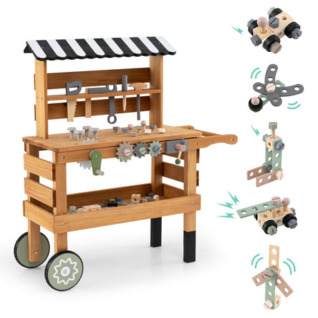 Carrito rodante 2 en 1 con juego de herramientas de juguete para niños para juegos de construcción-Marrón