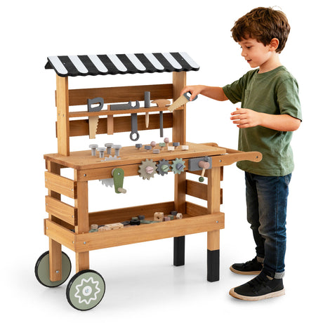 Carrito rodante 2 en 1 con juego de herramientas de juguete para niños para juegos de construcción-Marrón
