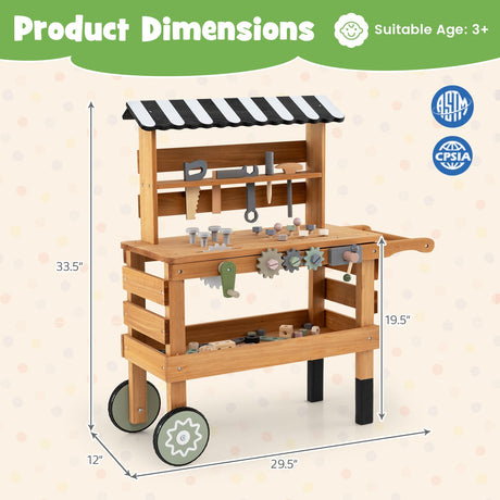 Carrito rodante 2 en 1 con juego de herramientas de juguete para niños para juegos de construcción-Marrón