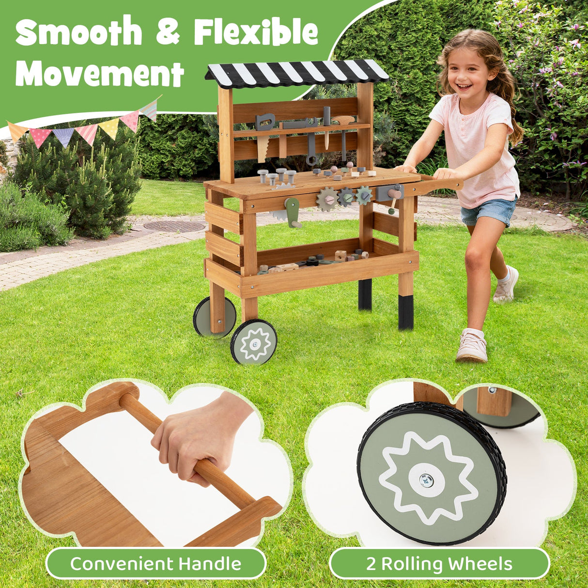 Carrito rodante 2 en 1 con juego de herramientas de juguete para niños para juegos de construcción-Marrón