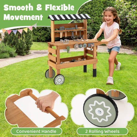 Carrito rodante 2 en 1 con juego de herramientas de juguete para niños para juegos de construcción-Marrón