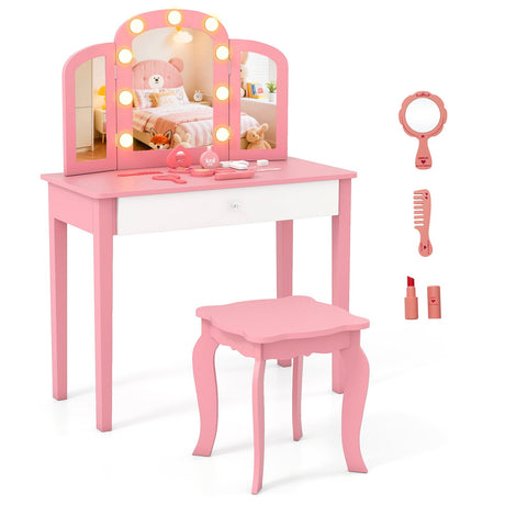Tocador infantil 2 en 1 con espejo triple desmontable y luces