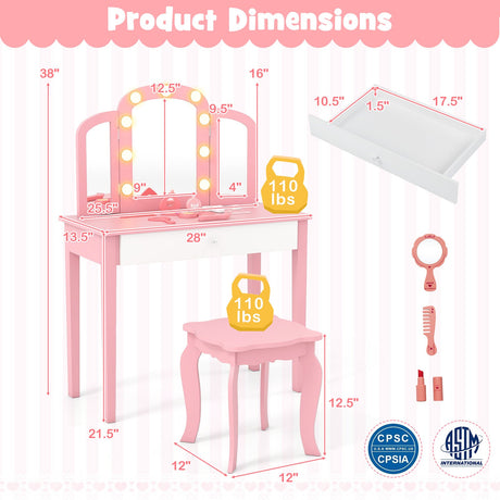Tocador infantil 2 en 1 con espejo triple desmontable y luces
