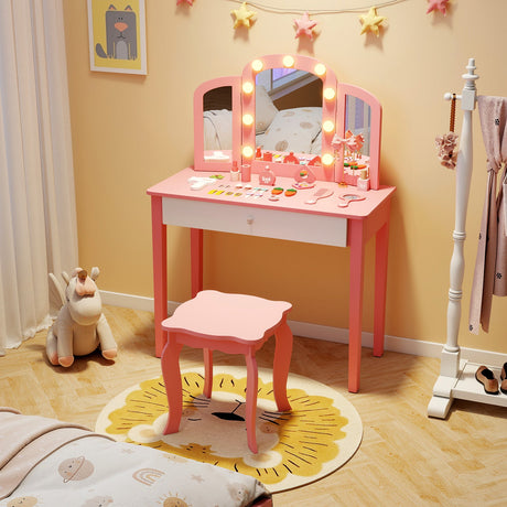Tocador infantil 2 en 1 con espejo triple desmontable y luces