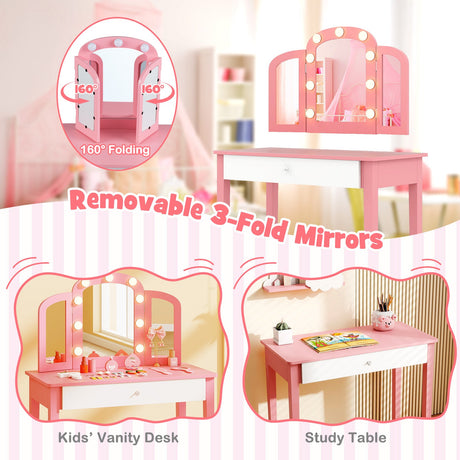 Tocador infantil 2 en 1 con espejo triple desmontable y luces