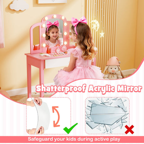 Tocador infantil 2 en 1 con espejo triple desmontable y luces