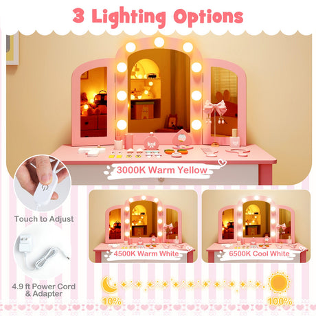 Tocador infantil 2 en 1 con espejo triple desmontable y luces