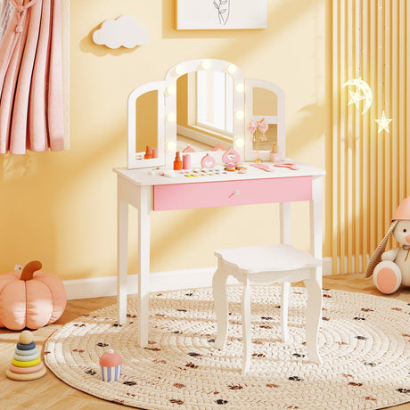 Tocador infantil 2 en 1 con espejo triple desmontable y luces
