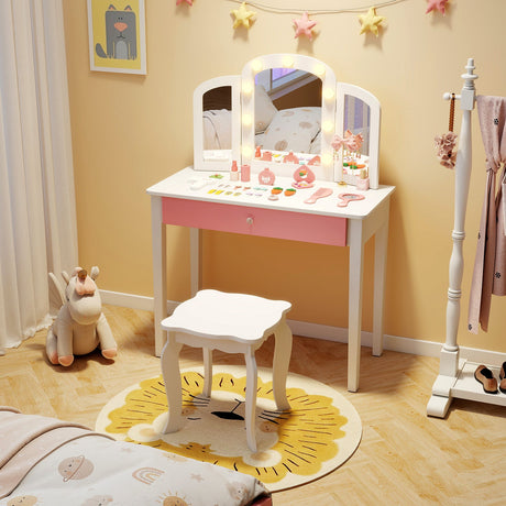 Tocador infantil 2 en 1 con espejo triple desmontable y luces