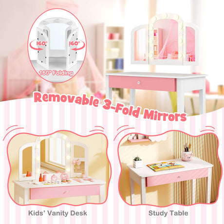 Tocador infantil 2 en 1 con espejo triple desmontable y luces