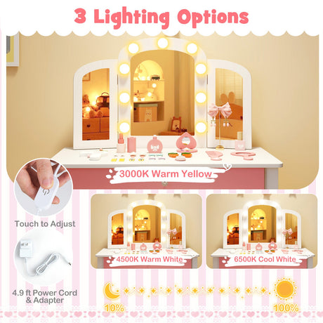 Tocador infantil 2 en 1 con espejo triple desmontable y luces