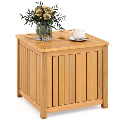 Mesa Auxiliar Exterior 2 en 1 con Almacenamiento, Mesa de Centro de Madera de Acacia con Listones, Caja de Almacenamiento Cuadrada y Redonda con Listones