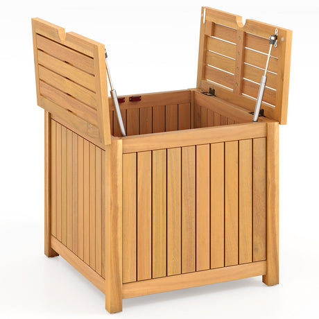 Mesa Auxiliar Exterior 2 en 1 con Almacenamiento, Mesa de Centro de Madera de Acacia con Listones, Caja de Almacenamiento Cuadrada y Redonda con Listones